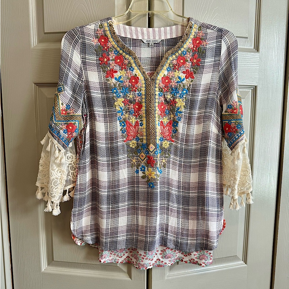 John Mark Boho Mixed Pattern Floral & Butterfly Embroidered Top